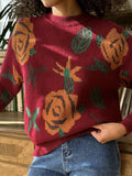 christmas outfit Amfeov Long Sleeves Loose Flower Print Round-Neck Pullovers Sweater Tops