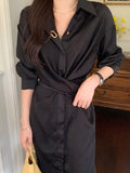 Amfeov Lapel Cross-Tie Balloon Sleeve Shirt Dress