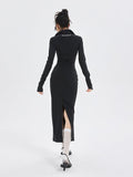 Amfeov Fashionable Black Knitted Long-sleeve Bottoming Slit Dress