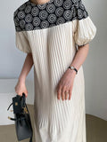 Amfeov Vintage Crew Neck Heavy Embroidered Puff Sleeve Pleated Dress