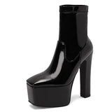 cold weather outfits Amfeov Ladies Mid Calf Boots Stretchy 13cm Toe High Heel 15.5cm Platform Hill 6cm Slip On Big Size 43 Party