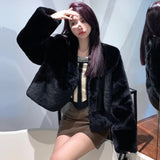 cold weather outfits Amfeov Plus Size Winter Korean Style Leather Alternative Eco-Friendly Plush Jacket High-End Thickened Cropped Overcoat For Plus Size