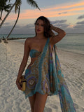 christmas outfit Amfeov Women Chic Printed Diagonal Shoulder Mesh Dress Sexy Hollow Out Sleeveless Backless Mini Dresses 2024 New Lady Holiday Beachwear