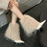 Amfeov Fur High Heels Women Ankle Chelsea Boots Fashion Pointed Toe Shoes Designer 2024 New Winter Trend Dress Gladiator Zapatos Femme