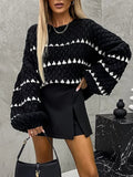 christmas outfit Amfeov Loose Puff Sleeves Split-Joint Round-Neck Sweater Tops