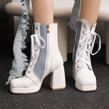 cold weather outfits Amfeov Mixed Color Women Ankle Boots Toe Chunky Heels Platform Hill Lace Up Splice Size 46 47 Fashion Bota