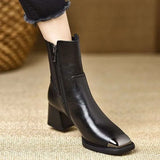 Amfeov Ankle Women Boots Square Toe Leather Shoes Mid Heels Snow Boots 2025 Brand Winter Pumps Chunky Shoes Elegant Chelsea Botas Mujer