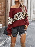 christmas outfit Amfeov Long Sleeves Loose Leopard Split-Joint V-Neck Pullovers Sweater Tops