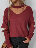 christmas outfit Amfeov Long Sleeves Loose Hollow Solid Color Zipper V-Neck Pullovers Sweater Tops