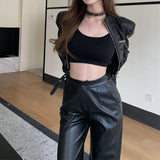 cold weather outfits Amfeov Vintage Elegant Black Leather Suit Women's Spring Autumn Long Sleeve Cropped Jacket High-Waisted Casual Trousers 2-Piece Set