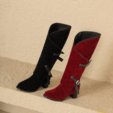 cold weather outfits Amfeov REAVECAT 2024 Women Knee Boots 5cm Heel Wide Leg Round Toe Flock Suede Buckles Black Red Big Size 44 45 46 47