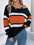 christmas outfit Amfeov Long Sleeves Loose Asymmetric Contrast Color Split-Joint Striped Cold Shoulder Sweater Tops