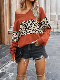 christmas outfit Amfeov Long Sleeves Loose Leopard Split-Joint V-Neck Pullovers Sweater Tops