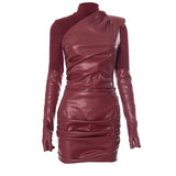 cold weather outfits Amfeov Women 2 Piece PU Leather Slanted Shoulder Dress Turtleneck T Shirts Sets WineRed Leather Pleated Slim Dress Two Piece Outfits