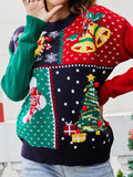 christmas outfit Amfeov Long Sleeves Loose Contrast Color Round-Neck Pullovers Sweater Tops