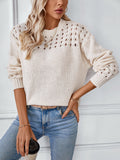 christmas outfit Amfeov Long Sleeves Loose Hollow Solid Color Split-Joint Round-Neck Pullovers Sweater Tops