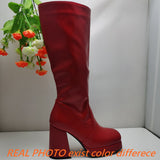 cold weather outfits Amfeov Women Knee High Boots Toe Block Heels 10cm Platform 2.5cm Big Size 43 Concise Female Bota