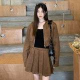 cold weather outfits Amfeov 2024 Autumn New Sensibility Maillard Brown Vintage Leather Jacket With Pleated Skirt Set Women Fashion Dress Set