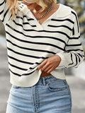 christmas outfit Amfeov Long Sleeves Loose Split-Joint Striped Lapel Sweater Tops