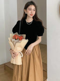 Amfeov Vintage Crew Neck Puff Sleeve Irregular Pleated Dress