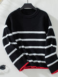 christmas outfit Amfeov Long Sleeves Loose Contrast Color Split-Joint Striped Round-Neck Pullovers Sweater Tops