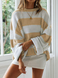 christmas outfit Amfeov Long Sleeves Loose Contrast Color Striped Round-Neck Pullovers Sweater Tops