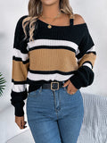 christmas outfit Amfeov Long Sleeves Loose Asymmetric Contrast Color Split-Joint Striped Cold Shoulder Sweater Tops