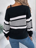 christmas outfit Amfeov Long Sleeves Loose Asymmetric Contrast Color Split-Joint Striped Cold Shoulder Sweater Tops