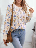 christmas outfit Amfeov Long Sleeves Loose Knitted Flower Split-Joint Round-Neck Pullovers Sweater Tops