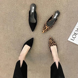 Amfeov Women Slippers Pointed Toe Leopard Design Shallow Slip on Thin Low Heels Black Flock Design Casual Mules Loafers Black Outdoor