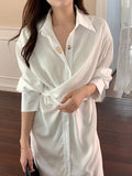 Amfeov Lapel Cross-Tie Balloon Sleeve Shirt Dress