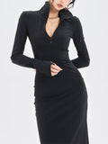 Amfeov Fashionable Black Knitted Long-sleeve Bottoming Slit Dress