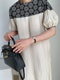 Amfeov Vintage Crew Neck Heavy Embroidered Puff Sleeve Pleated Dress