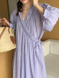 Amfeov V-neck Crossover Loose Puff Sleeve Dress