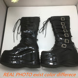 cold weather outfits Amfeov Women Boots Round Toe Patent Leather Wedges 10.5cm Platform Hill 6.5cm Lace Up  Booties