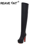 cold weather outfits Amfeov Shoes Ultra High Heel over knee boots black  white platform booties BIg size 34- 48