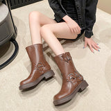 Amfeov 2024 New Winter Denim Boots Women's Retro Brown Belt Buckle Round Head High Boots  Boots Knee Length