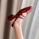 Amfeov Classic Red Mary Jeans Woman Patent Leather Med-High Heels Sandals Two Buckle Belt Strap Shoes Femme Slingback Lolita Footwear