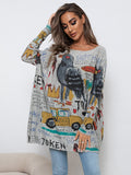 christmas outfit Amfeov Casual Long Sleeves Loose Cartoon Printed Contrast Color Round-Neck Sweater Tops