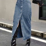 Amfeov Single Breasted Button Split Denim Midi Skirt, Slant Pockets Non-Stretch Denim Skirt, Women's Denim Clothing