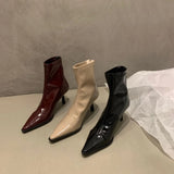 Amfeov Sexy Women's Patent Leather Pointed Toe Boots, Short Ankle Boots, Thin High Heels, Black, Red, Beige, Back Zipper