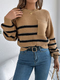 christmas outfit Amfeov Long Sleeves Loose Contrast Color Pockets Split-Joint Round-Neck Pullovers Sweater Tops