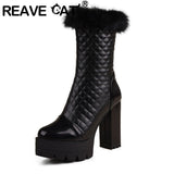 cold weather outfits Amfeov Women Knight Boots Round Toe Block Heels 11cm Platform Hill Fur Mid Calf Bota Size 47 48