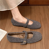 Amfeov Fashion Square Toe Fleece Flet Ballet Flats Woman Winter Warm Wool Mary Jane Shoes Ladies Brand Design Elegant Plush Loafers