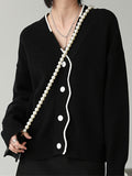 christmas outfit Amfeov Casual Loose Long Sleeves Buttoned Contrast Color V-Neck Cardigan Tops