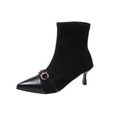 Amfeov New Winter British Boots Matal Buckle Pointed Toes Cat Heel Design Soft Leather Booties Stiletto Women Sexy Fashion Thin Boot