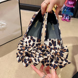 Amfeov Lady Plus Size Chinese  Bow-Knot Flats Leopard Printed Flock Tender Pointy Toe Women Leisure Shoes To Match Bags Italy Brown