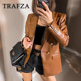 cold weather outfits Amfeov 2024 Autumn Winter Office Lady PU Blazers Fashion Vintage Solid Double Breasted Shrug Casual Chic Elegant Women Blazers