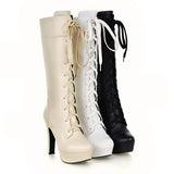 cold weather outfits Amfeov British Ladies Knee High Boots Round Toe Lace Up 12CM Platforms Spike Heels Shoes Size 31-45 White A4206