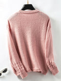 christmas outfit Amfeov Long Sleeves Loose Hollow Solid Color Split-Joint Round-Neck Pullovers Sweater Tops